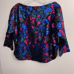 Vtg 80s 90s Holiday Cocktail Party Full Sequin Mermaid Art Top L/XL Jewel Tones